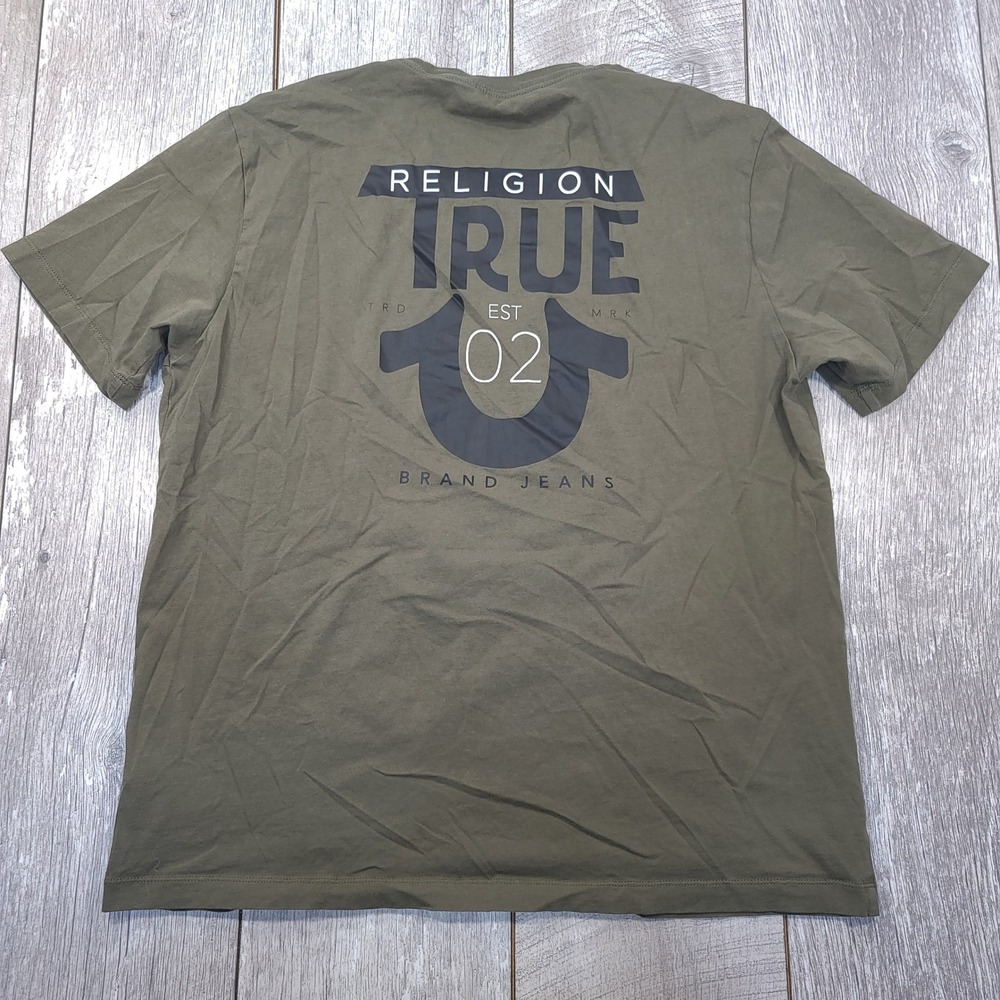 True Religion T Shirt Mens XL Olive Green Logo TR Crew Graphic Back Tee